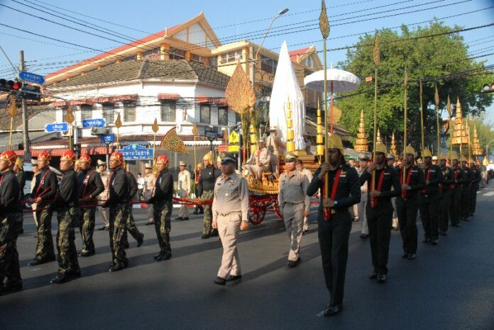 Soldiers on Dec. 10 rehearse a funeral procession of the late Supreme Patriarch in Bangkok.