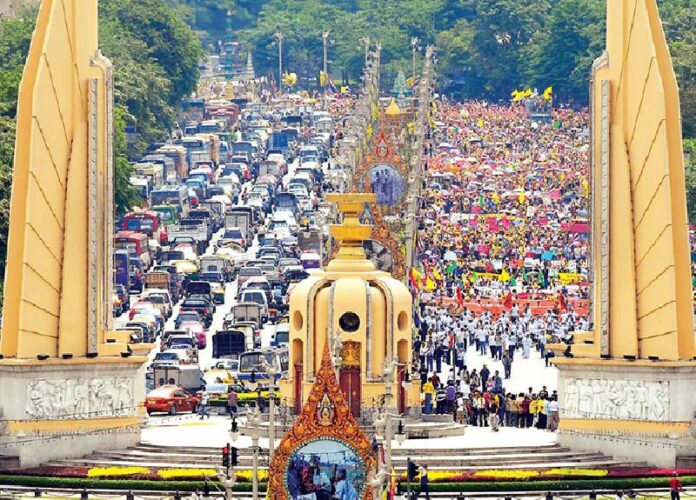 A large rally is held in opposition to a previous junta-sponsored draft charter in June 2007 on Ratchadamnoen Avenue in Bangkok.