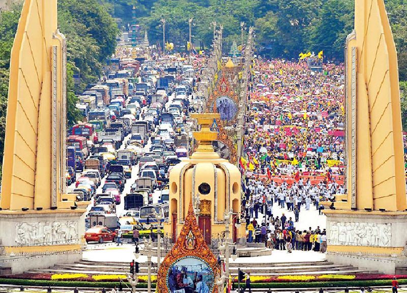 A large rally is held in opposition to a previous junta-sponsored draft charter in June 2007 on Ratchadamnoen Avenue in Bangkok.
