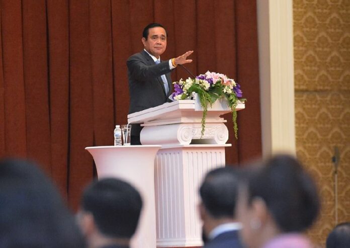 Junta chairman Prayuth Chan-ocha speaks at a Feb. 2 meeting at Government House in Bangkok.