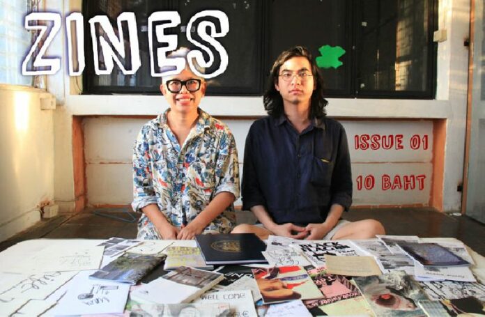 Unchalee 'Lee' Anantawat and Grisana 'Chris' Eimeamkamol, passionate champions of Bangkok's self-publishing scene, at Speedy Grandma gallery.<br />