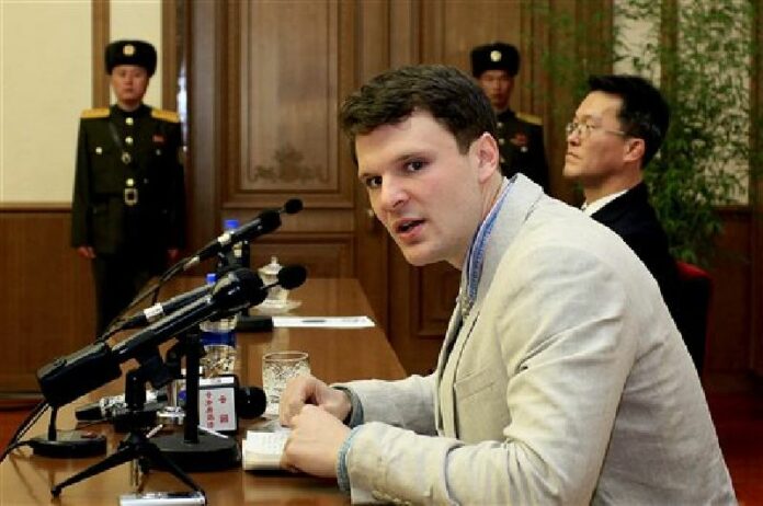 American student Otto Warmbier speaks during a press conference on Monday, Feb. 29, 2016, in Pyongyang, North Korea. Photo: Kim Kwang Hyon / Associated Press