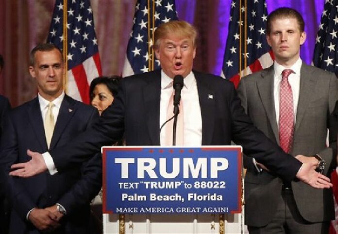 Republican presidential candidate Donald Trump speaks to supporters at his primary election night event at his Mar-a-Lago Club in Palm Beach, Fla., Tuesday, March 15, 2016. Photo: Gerald Herbert / Associated Press