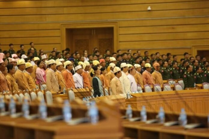 Myanmar's Union Parliament on Tuesday, Mar 15, 2016 when Htin Kyaw became the first elected civilian president and Myint Swe, the military nominee, the first vice-president. Photo: Wai Yan Moe<br />