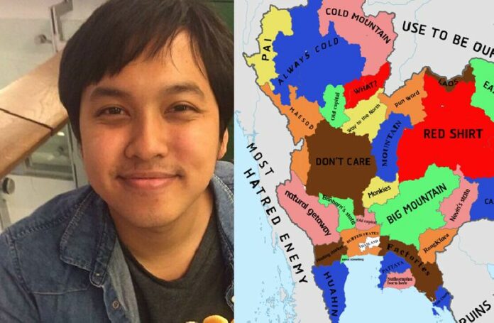 Rakchart Wong-arthichart, at left in an image he provided, alongside the viral map he created.