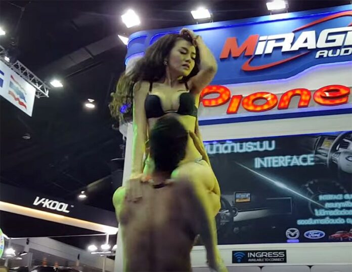 Adult performer Cherry Samkhok performs Friday at the Bangkok International Motor Show at Impact Muang Thong Thani. Image: Mirage Audio / YouTube