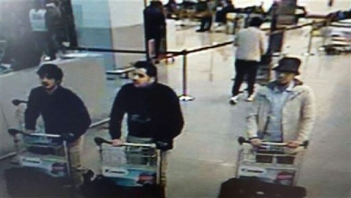 In this image provided by the Belgian Federal Police in Brussels on Tuesday, March 22, 2016 of three men who are suspected of taking part in the attacks at Belgium's Zaventem Airport. The man at right is still being sought by the police and two others in the photo that the police issued were according to a the Belgian Prosecutors 'probably' suicide bombers. Photo: Belgian Federal Police / Associated Press