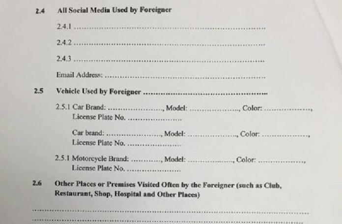 Part of a three-page Immigration Bureau form seeking personal information from foreign nationals residing in the kingdom.