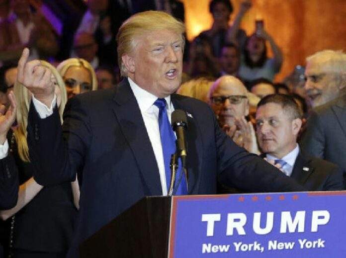 Republican presidential candidate Donald Trump speaks during a New York primary night campaign event, Tuesday, April 19, 2016, in New York. Photo: Julie Jacobson / Associated Press