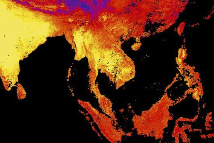 Land surface temperatures as observed by NASA’s Earth Observatory Team between April 15, 2016, and April 23, 2016. Yellow is hottest. Photo: Reto Stockli / NASA Earth Observatory Team