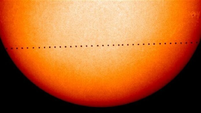 This composite image of observations by NASA and the ESA's Solar and Heliospheric Observatory shows the path of Mercury during its November 2006 transit. Photo: Solar and Heliospheric Observatory /NASA/ ESA / Associated Press <br />