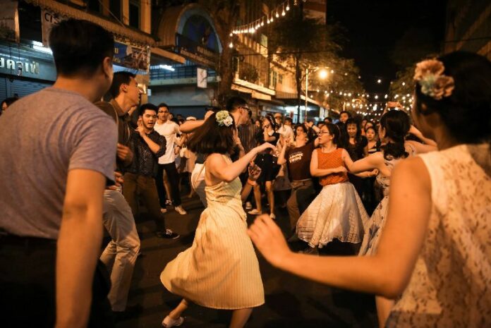 Dancers at a February swing dance event outside Phra Pathommachedi in Nakhon Pathom province. Photo: Watsamon Tri-yasakda / Courtesy
