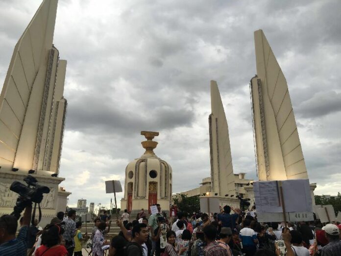 Hundreds gathered at Bangkok's Democracy Monument on May 26, 2016, to mark two years under military rule.