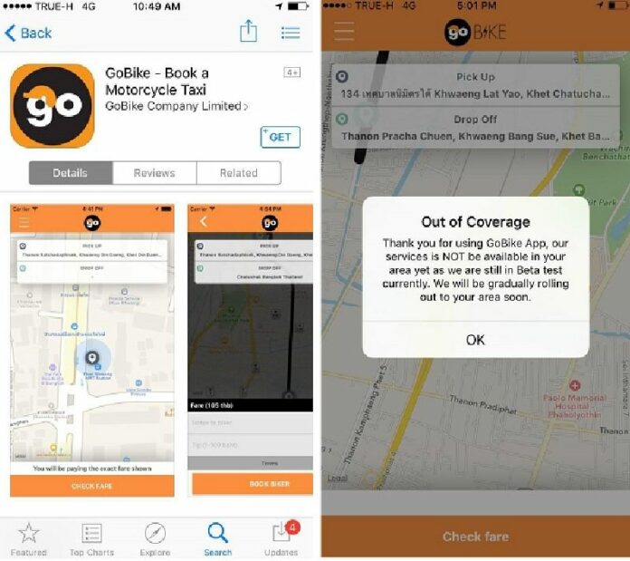 GoBike’s beta app, which launched in Apple’s App Store Feb.26, is still unusable in most of Bangkok.