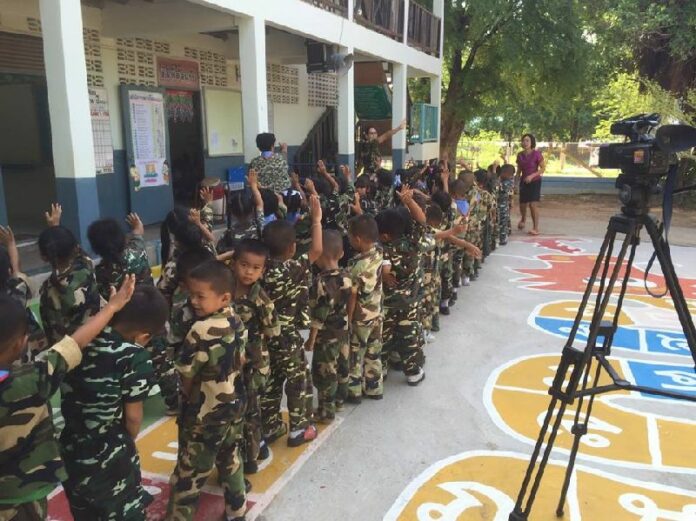 Undated photo of children dressed in army garbs at Dun Sat School in Khon Kaen province that has been widely shared on the internet.